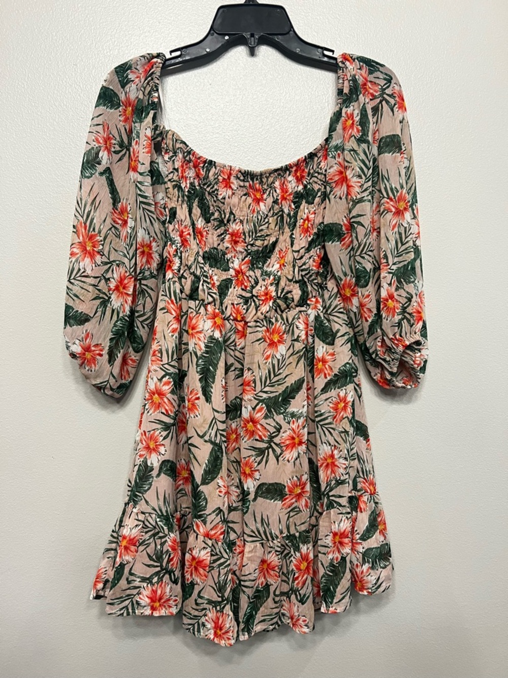 Express Blush Floral Square-Neck Dress Green Leaf Print Off The Shoulder Sz Med - Picture 8 of 8